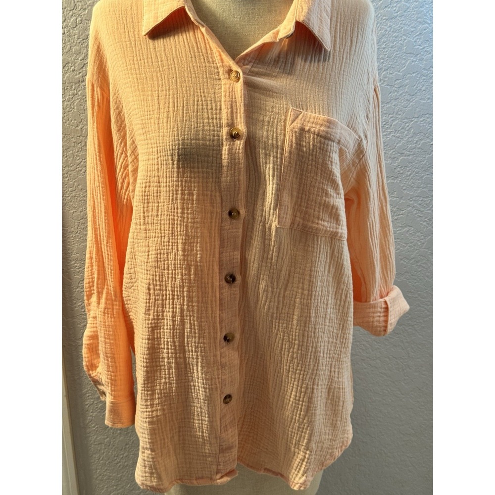 Women Adrienne Vittadini Orange Long Sleeve Button Up Blouse L